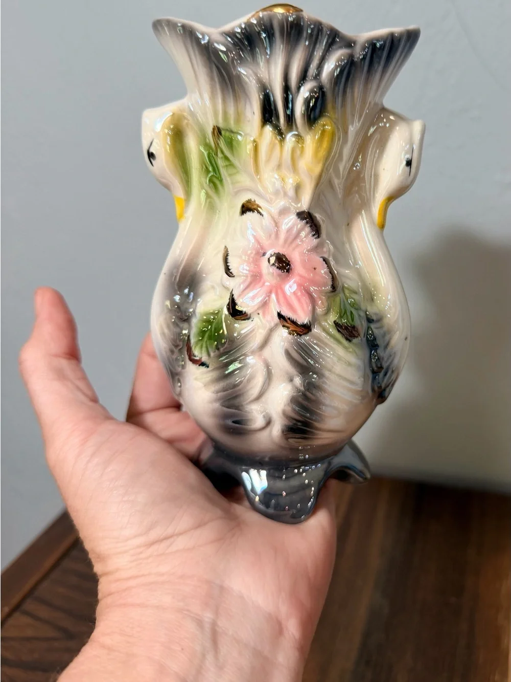 1960s Vintage Floral Ceramic Vase in Cream, Pink, Green, Black